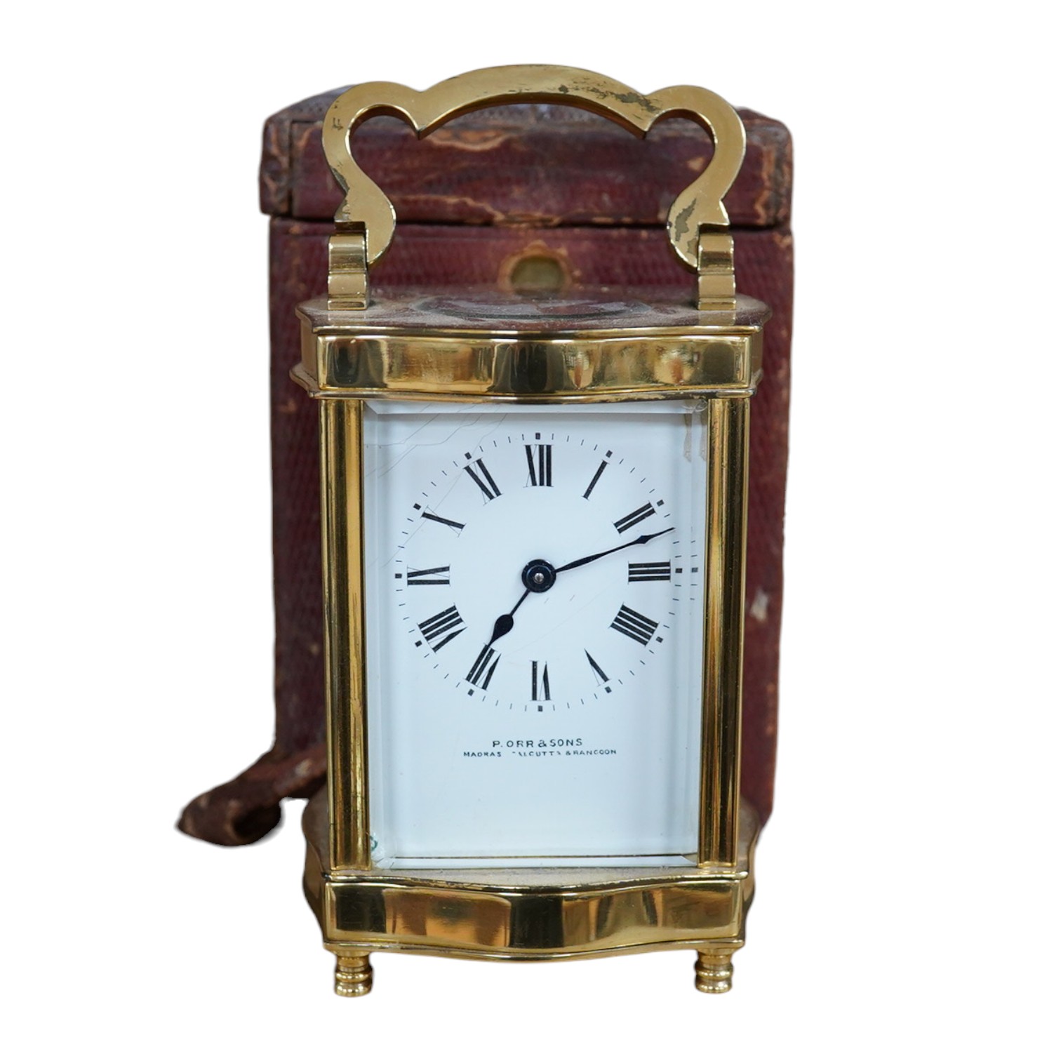 A cased carriage timepiece, P. Orr and Sons, Madras, timepiece 11.5 cm high. Condition- poor to fair